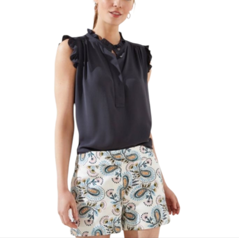 LOFT Womens Shorts 14 White Blue‎ Paisley Floral Stretch Mid-Rise Casual Summer